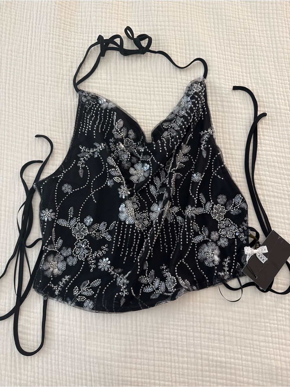 Fairy Y2K black halter with Silver Beaded Floral Detail